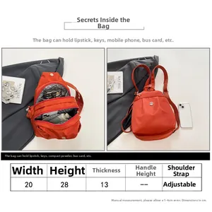 Detailed size chart and internal compartments of a small orange canvas backpack