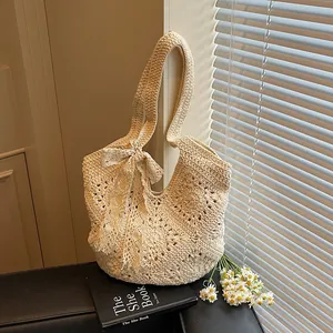 Handwoven Crochet Tote Bag Women Mori Style Large Capacity Hollow Out Beach Straw Bag With Lace Bow Decoration