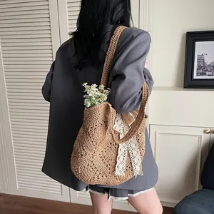 Handwoven khaki shoulder bag with lace bow, large capacity beach style for women