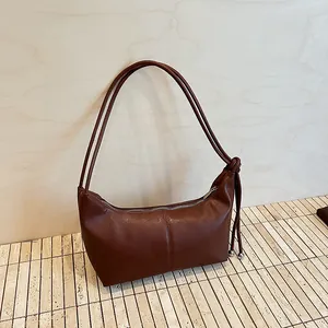 Women Minimalist Solid Color PU Leather Hobo Shoulder Bag Vintage Underarm Tote With Knot And Metal Bead Decor Gift