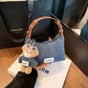 Vintage Damen Denim Hobo Tasche Gewaschene Denim Achseltasche Mit Verstellbarem PU Lederriemen Und Teddybär Plüschanhänger