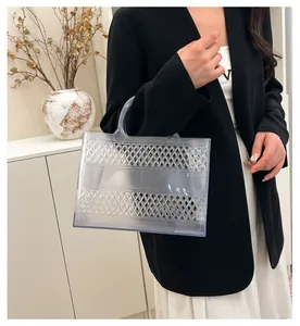 Detailed close-up of geometric quilted texture on transparent PVC beach tote bag