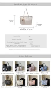 Detailed size chart and multi-color PU leather tote bag options with bear charms