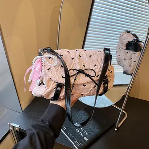 Women Fashion Bow Knot Pleated Shoulder Bag Sweet PU Leather Crossbody Bag With Artificial Pearl Heart Pendant Casual Underarm Bag