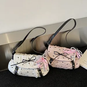 Sweet ribbon bow shoulder bag in cream and pink styles with stylish heart pendants