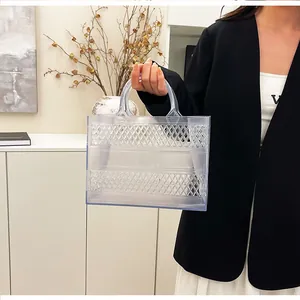 Macro detail of transparent PVC tote bag featuring classic 3D geometric lattice texture