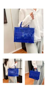 Three-angle view of bright blue hollow mesh tote bag showing large capacity and handles
