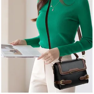 Retro large capacity black and brown leather handbag with adjustable crossbody strap