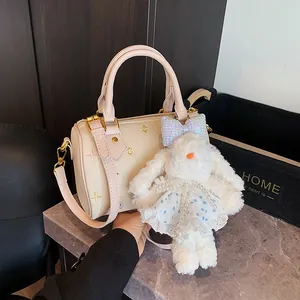 Women Fashion Boston Bag Sweet Floral Embroidery PU Leather Handbag With Plush Bunny Pendant Crossbody Shoulder Bag