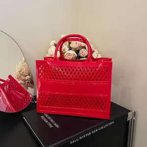 Women Summer Hollow Out Jelly Bag PVC Lattice Pattern Large Capacity Tote Handbag Beach Waterproof Shopping Basket Bag