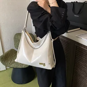 Retro white oil wax leather large tote bag with silver heart chain accessory