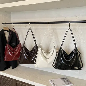 Glossy large oil wax leather tote bag with chain strap in four assorted vintage colors