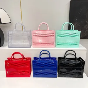 Hollow out jelly tote bags in six candy colors with diamond lattice pattern for summer