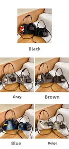 Detailed set of tote bags in black, grey, brown, blue and beige with plush charms