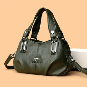 Women Retro Litchi Grain PU Leather Handbag Multi Layer Large Capacity Shoulder Bag With Metal Kangaroo Decor