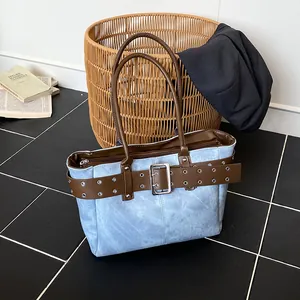 Damen Große Kapazität Vintage Tragetasche PU Leder Schultertasche Mit Gürtelschnalle Metallösen Lässige Pendler Handtasche