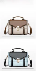 Detailed comparison of vintage plaid crossbody bags in khaki and blue with gold locks