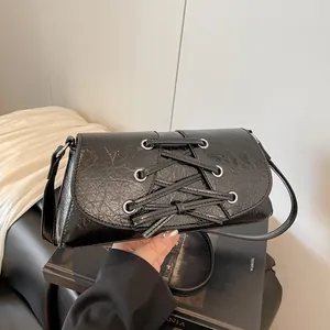 Chic Bow Lace-up Underarm Bag For Women PU Leather Corset Style Shoulder Bag Stylish Crossbody Bag Small Square Handbag