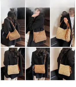Detailed views of a large woven tote bag shown in multiple carrying styles with leather straps