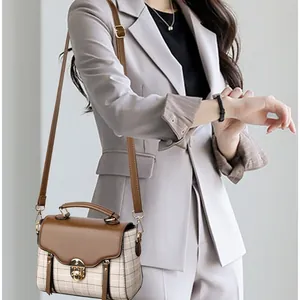 Vintage plaid crossbody bag for women with brown leather strap and gold metal lock