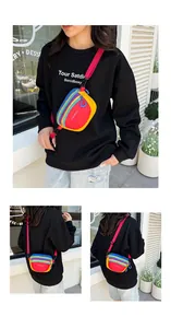 Three-way view of a colorful nylon crossbody bag with multi-compartment design