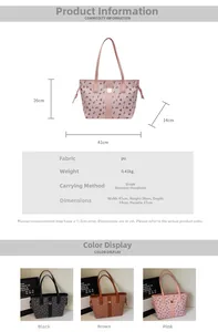 Detailed size guide and specifications for large printed tote bag in PU leather