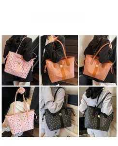 Collage of floral print tote bags in pink, brown, and black shown with various outfits