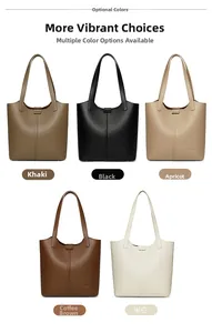 Detailed view of large leather tote bags in khaki, black, apricot, coffee brown and white
