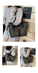 Detailed views of floral tote bag with side drawstring and stylish bow print details