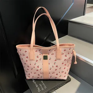 Large Capacity Printed PU Leather Tote Bag For Women Fashion Cherry Floral Shoulder Bag Commuting Shopping Handbag