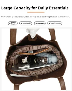 Spacious interior of brown tote bag with zipper compartment and large storage capacity