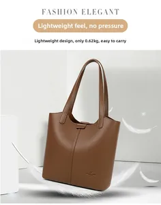 Detailed view of lightweight brown leather tote bag with elegant vertical stitching and logo