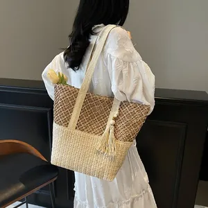 Grand sac cabas en paille tissé à la main avec pompon pour la plage ou le quotidien