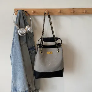Women Vintage Quilted Diamond Lattice Bucket Bag PU Leather Color Block Shoulder Crossbody Bag With Metal Chain Strap Turn Lock Commuting Tote
