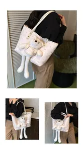 Dettaglio della borsa tote bianca con stampa orso e ciondolo orsetto di peluche 3D sul fronte