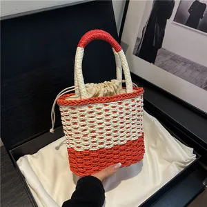 Dames Geweven Patchwork Handtas Zomer Nieuwe Leuke Verse Stro Emmer Tas Met Trekkoord Binnenzak Casual Vakantie Reizen Tote