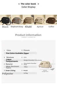 Detailed view of lightweight nylon crossbody bag features, dimensions, and color options