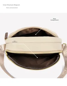 Detail view of the interior structure with dual zipper compartments and soft lining