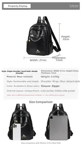 Detailed size specifications and device comparison for the large black leather backpack