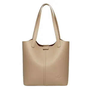 Elegant beige oversized tote bag in litchi grain leather for women with long shoulder straps