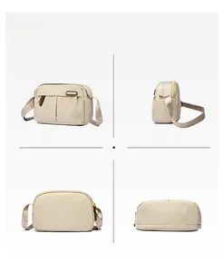 Detailed views of khaki nylon crossbody bag featuring multi-layered zipper pockets and wide strap