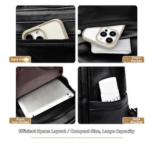 Detail view of black lychee leather backpack showing multiple functional storage pockets