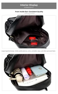 Macro detail of the interior compartments and large capacity for iPad in black backpack