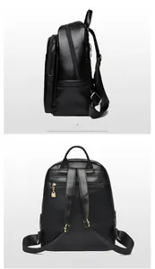 Detail view of black pebbled leather backpack showing side and back strap structure