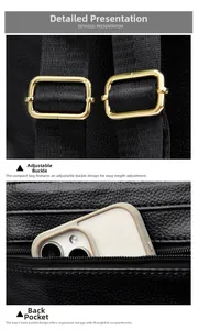 Detail of lychee leather backpack with golden buckle and rear anti-theft zipper pocket