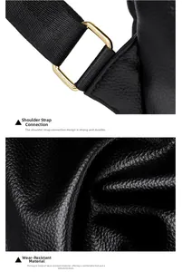 Detail of durable lychee texture leather and golden D-ring hardware on black backpack