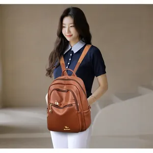Minimalist brown faux leather backpack for women with golden logo and double front zippers