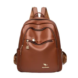 Brown litchi grain leather backpack for women with kangaroo logo and zipper layers