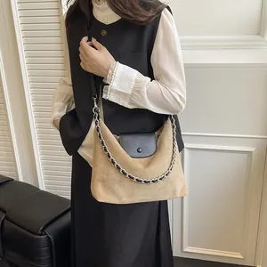 2025 Large khaki tote bag with black leather flap and silver chain shoulder strap