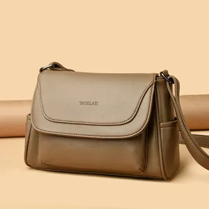 Minimalist brown litchi pattern leather crossbody bag with flap and shoulder strap